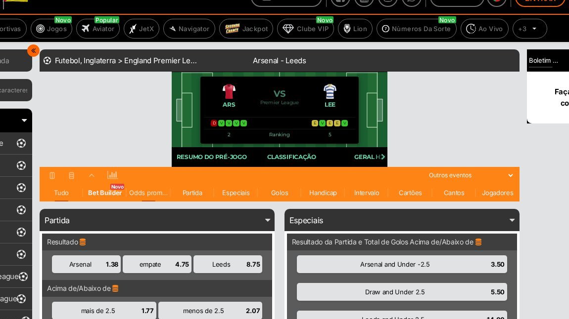 Jogo Arsenal–Leeds na 888bets com o separador Handicap e os mercados da partida