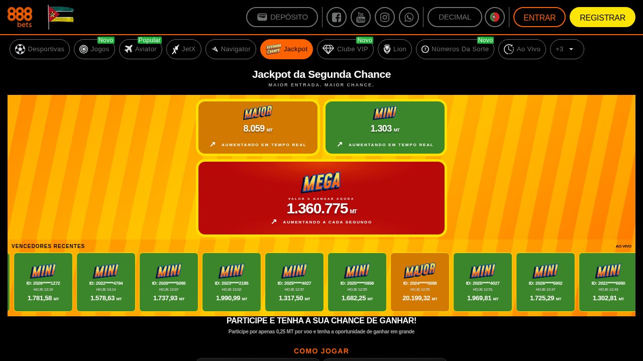 Jackpot da Segunda Chance da 888Bets com os jackpots Major, Mini e Mega em tempo real, por 0,25 MT por voo no Aviator, Navigator e JetX
