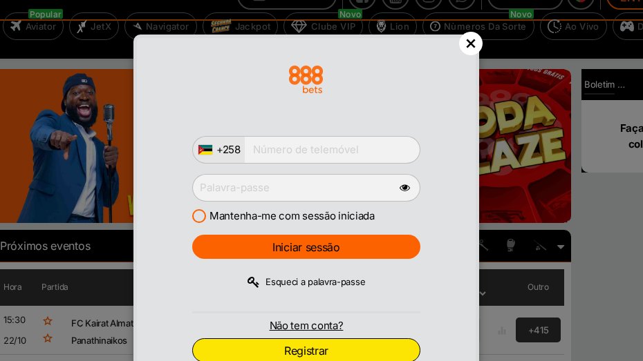 Janela de login da 888bets Moçambique com o número de telemóvel (+258), a palavra-passe, a opção Mantenha-me com sessão iniciada e o botão Iniciar sessão