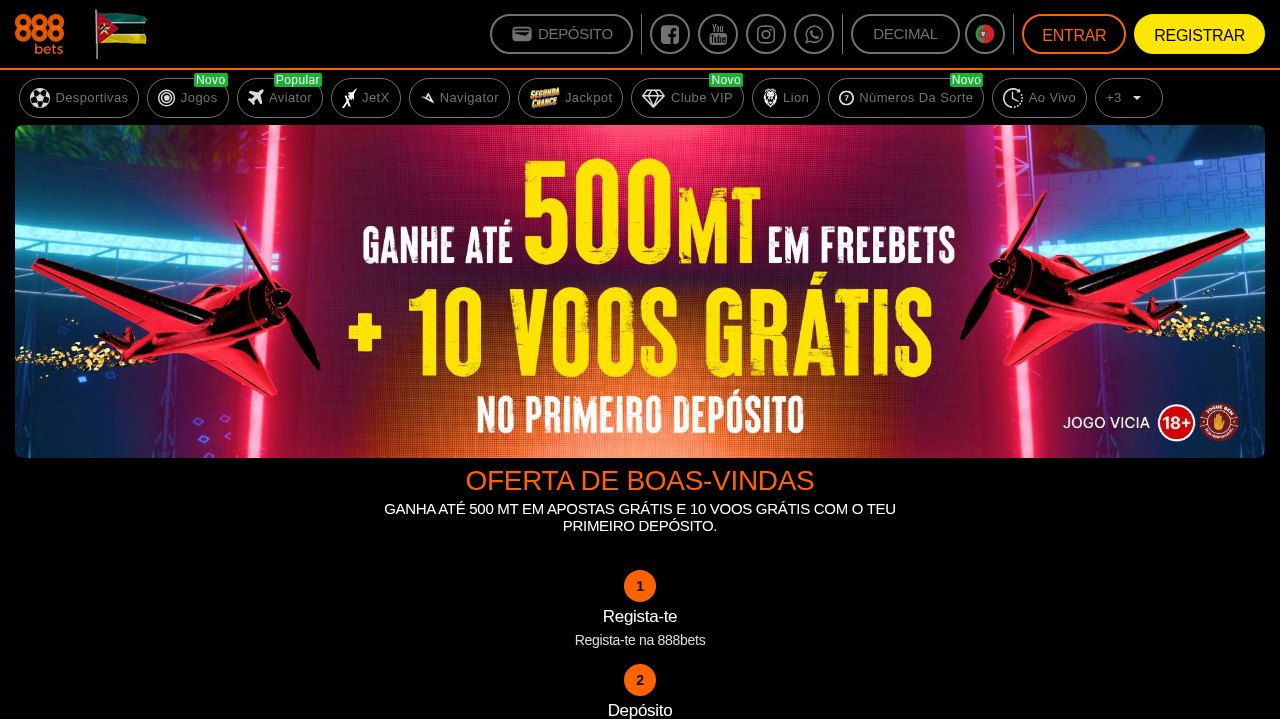 Oferta de boas-vindas da 888Bets Moçambique: até 500 MT em freebets e 10 voos grátis no primeiro depósito
