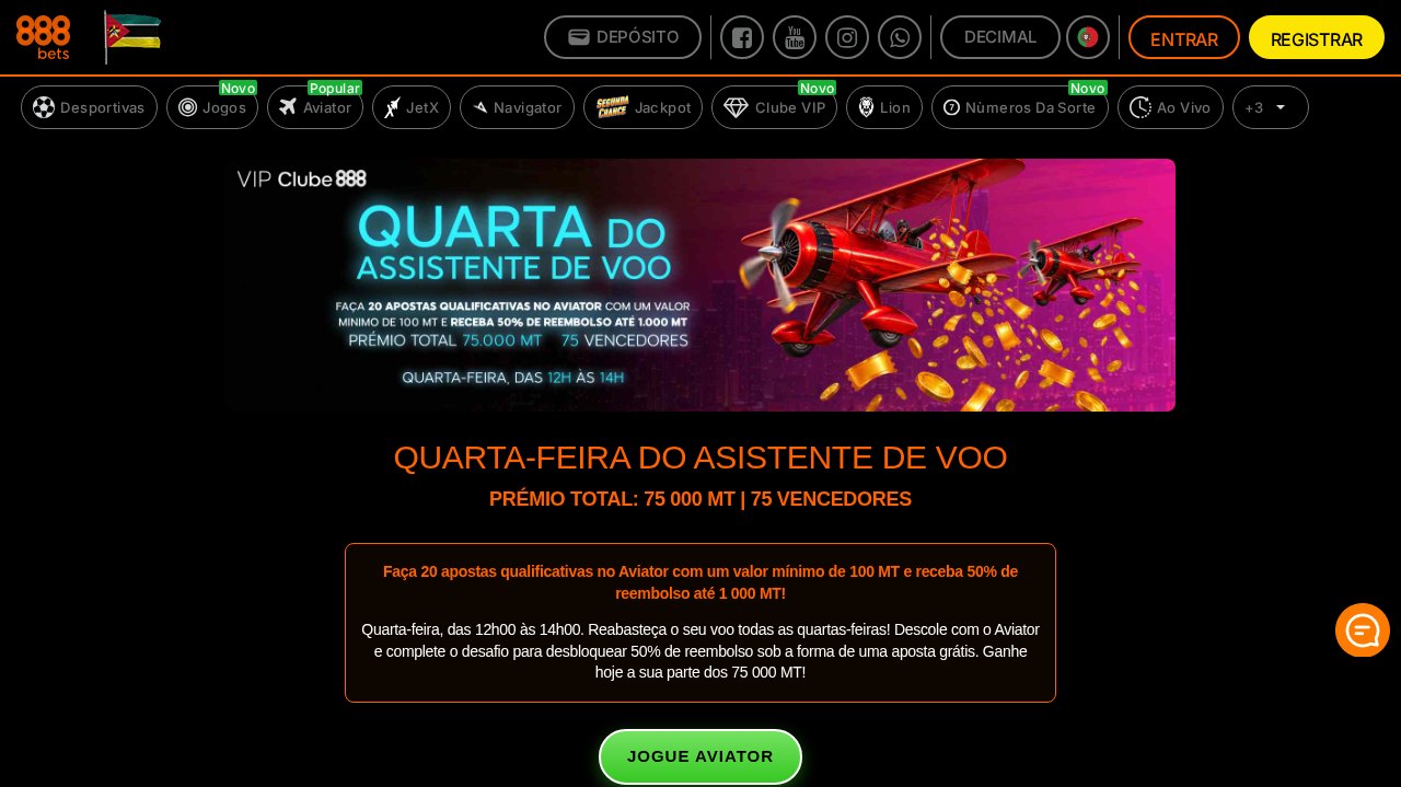 Promoção Quarta-feira do Assistente de Voo da 888Bets: 20 apostas de 100 MT no Aviator dão 50% de reembolso em aposta grátis até 1.000 MT