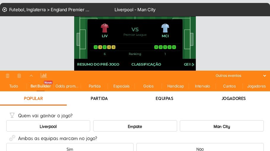 Jogo Liverpool–Man City na 888Bets com o mercado «Quem vai ganhar o jogo?»: Liverpool, Empate e Man City