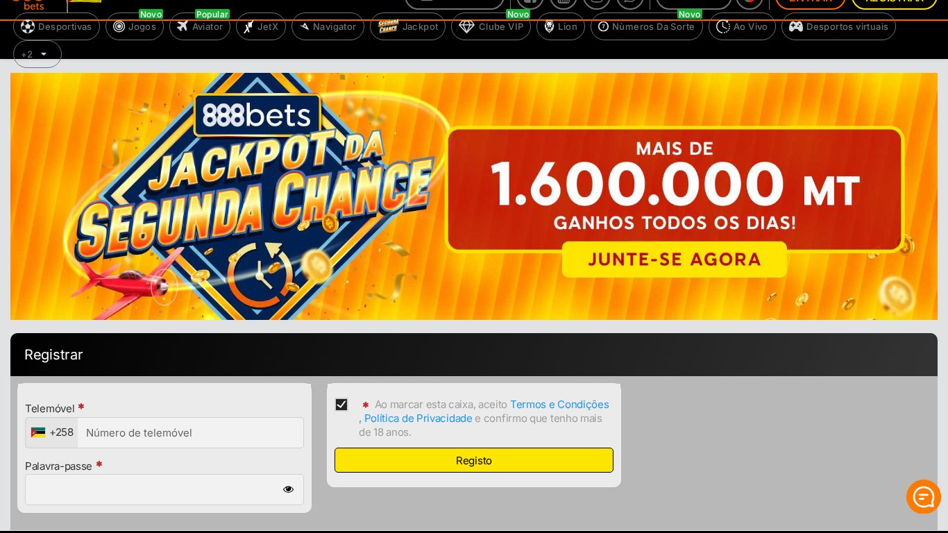 Formulário de registo da 888bets com o telemóvel, a palavra-passe e a confirmação de maioridade e dos termos