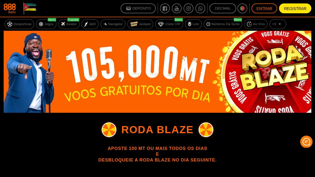 Promoção Roda Blaze da 888Bets Moçambique: aposte 100 MT por dia e desbloqueie a roda de prémios e voos grátis no dia seguinte