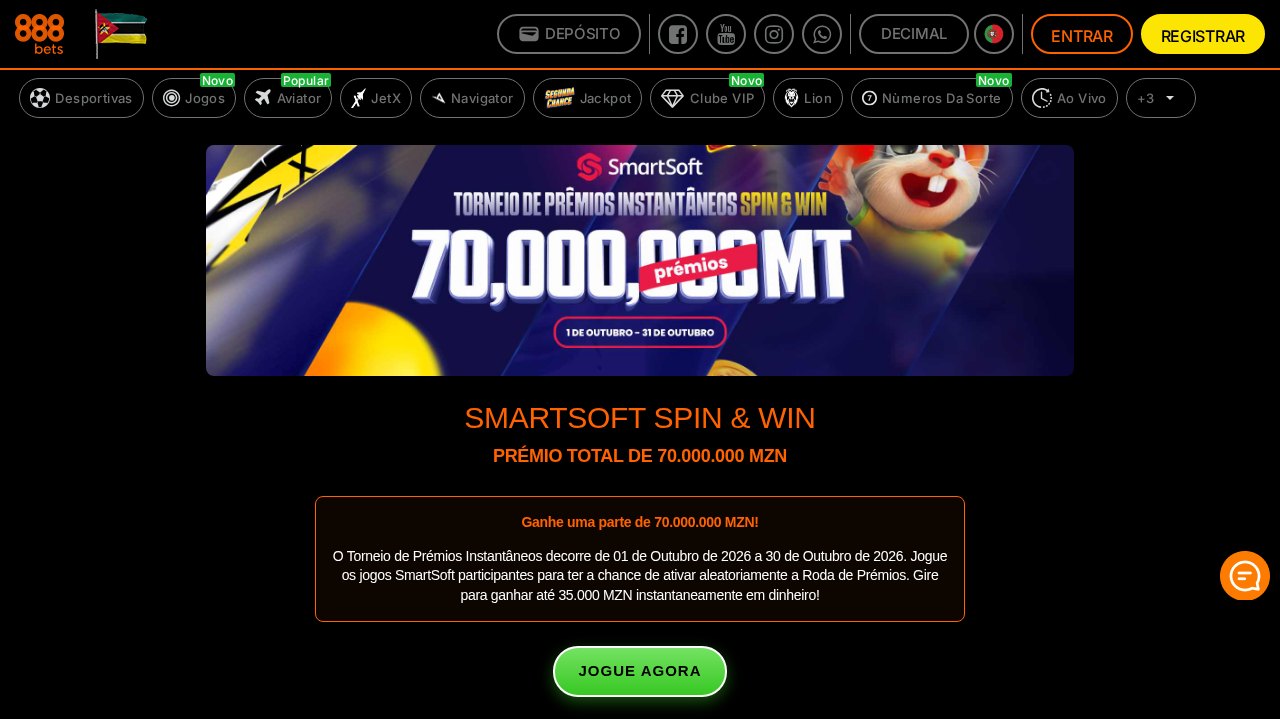 Torneio SmartSoft Spin & Win na 888Bets Moçambique com 70.000.000 MT em prémios instantâneos em Outubro de 2026