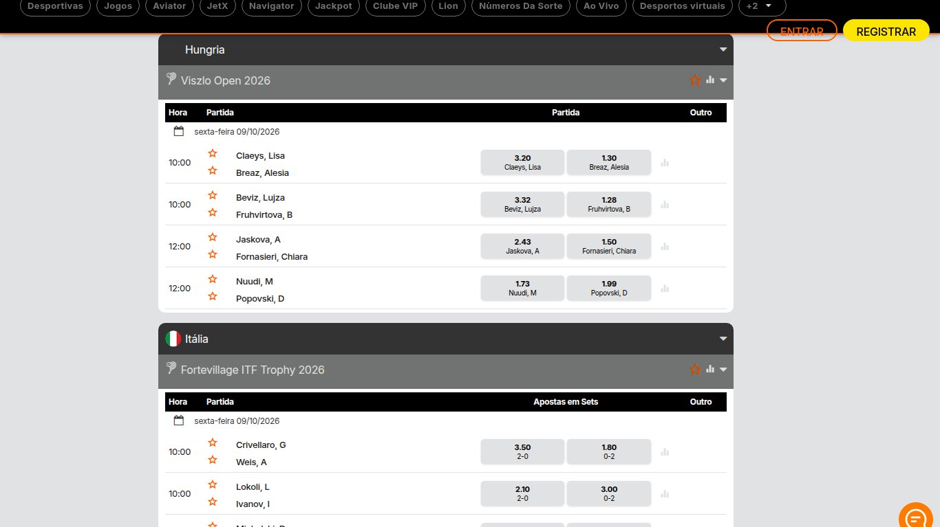 Lista de jogos de ténis na 888Bets Moçambique com as odds de cada jogadora no Viszlo Open e no ITF de Fortevillage