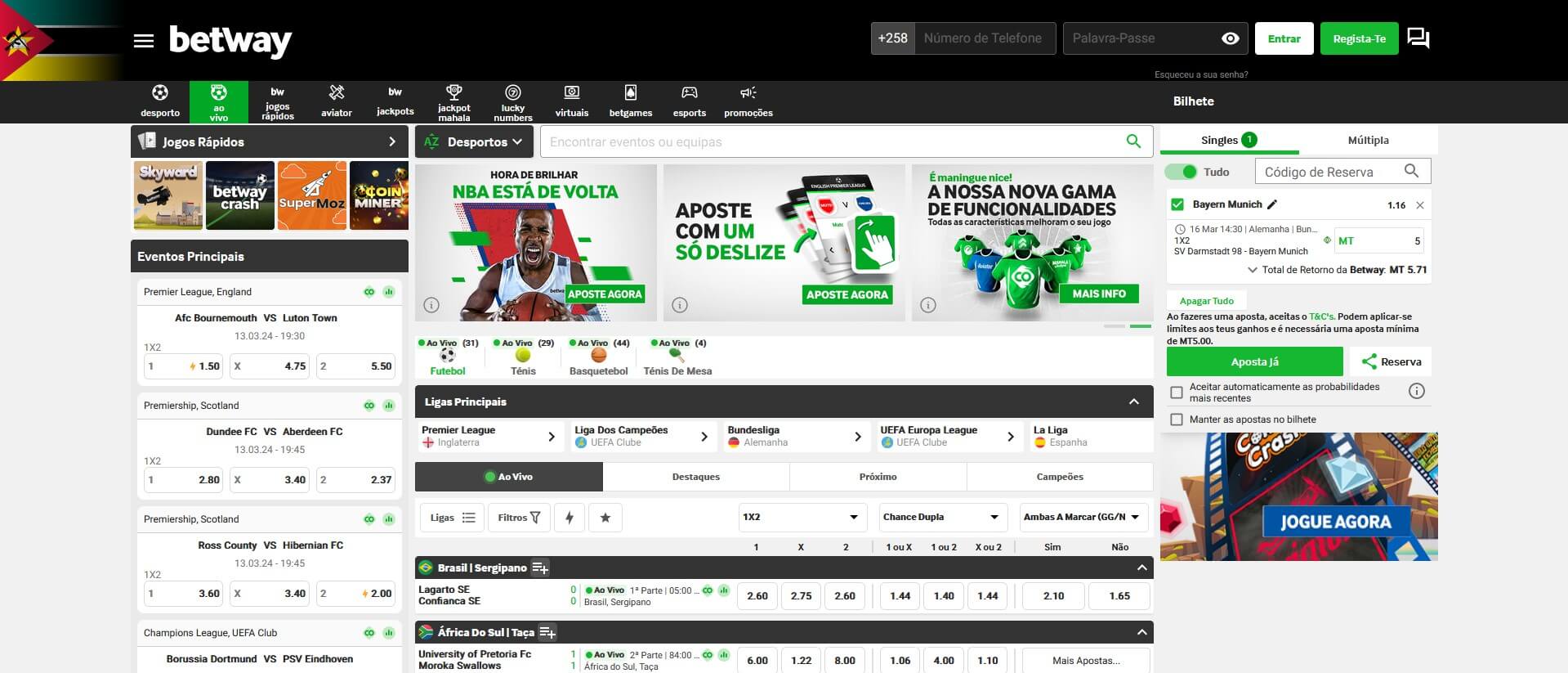 Página inicial da Betway Moçambique com os jogos do dia e as respectivas odds