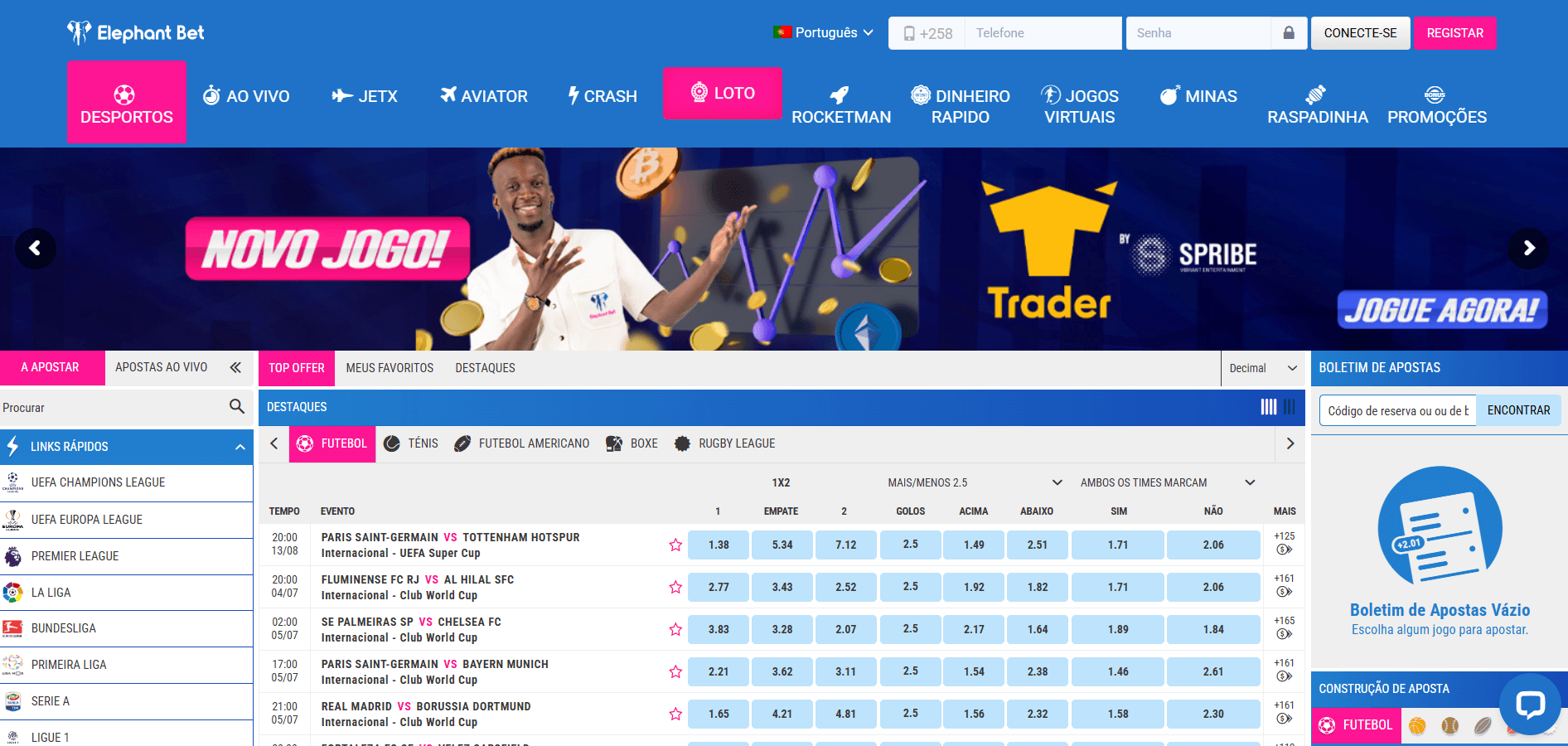 Site da Elephant Bet Moçambique com o menu de desportos, o Aviator e os jogos crash no topo e o boletim de apostas à direita