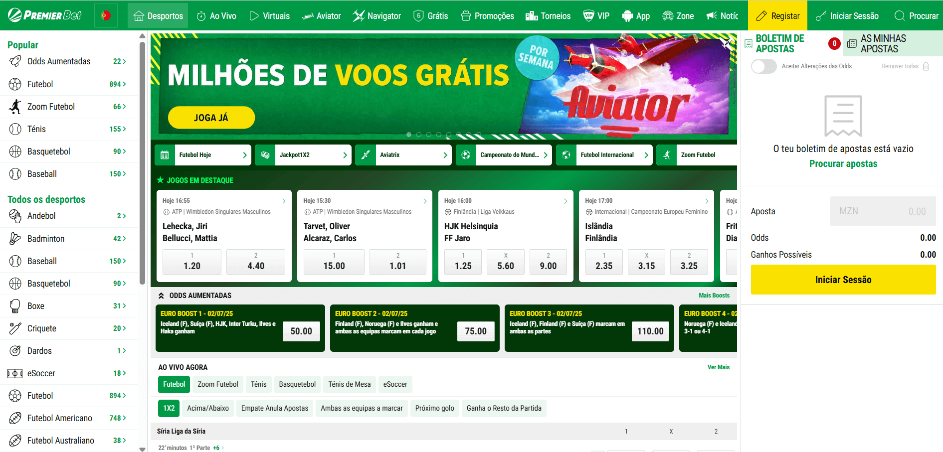 Site da PremierBet Moçambique com jogos ao vivo e odds a actualizar