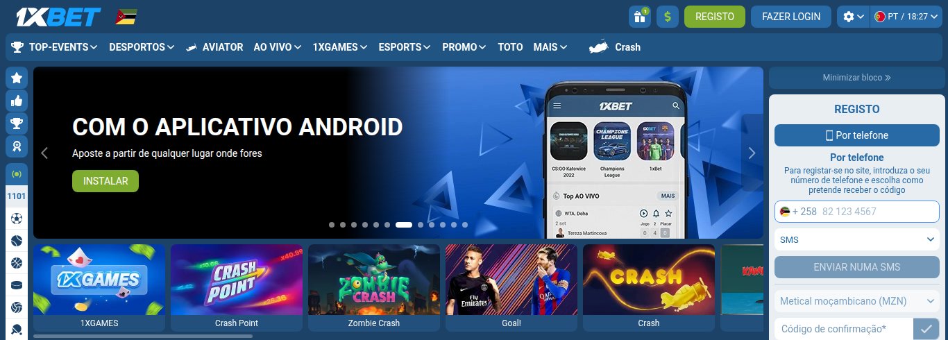 Página inicial da 1xBet Moçambique com o Aviator e a secção Crash no menu do topo e os atalhos para os 1xGames e os jogos crash