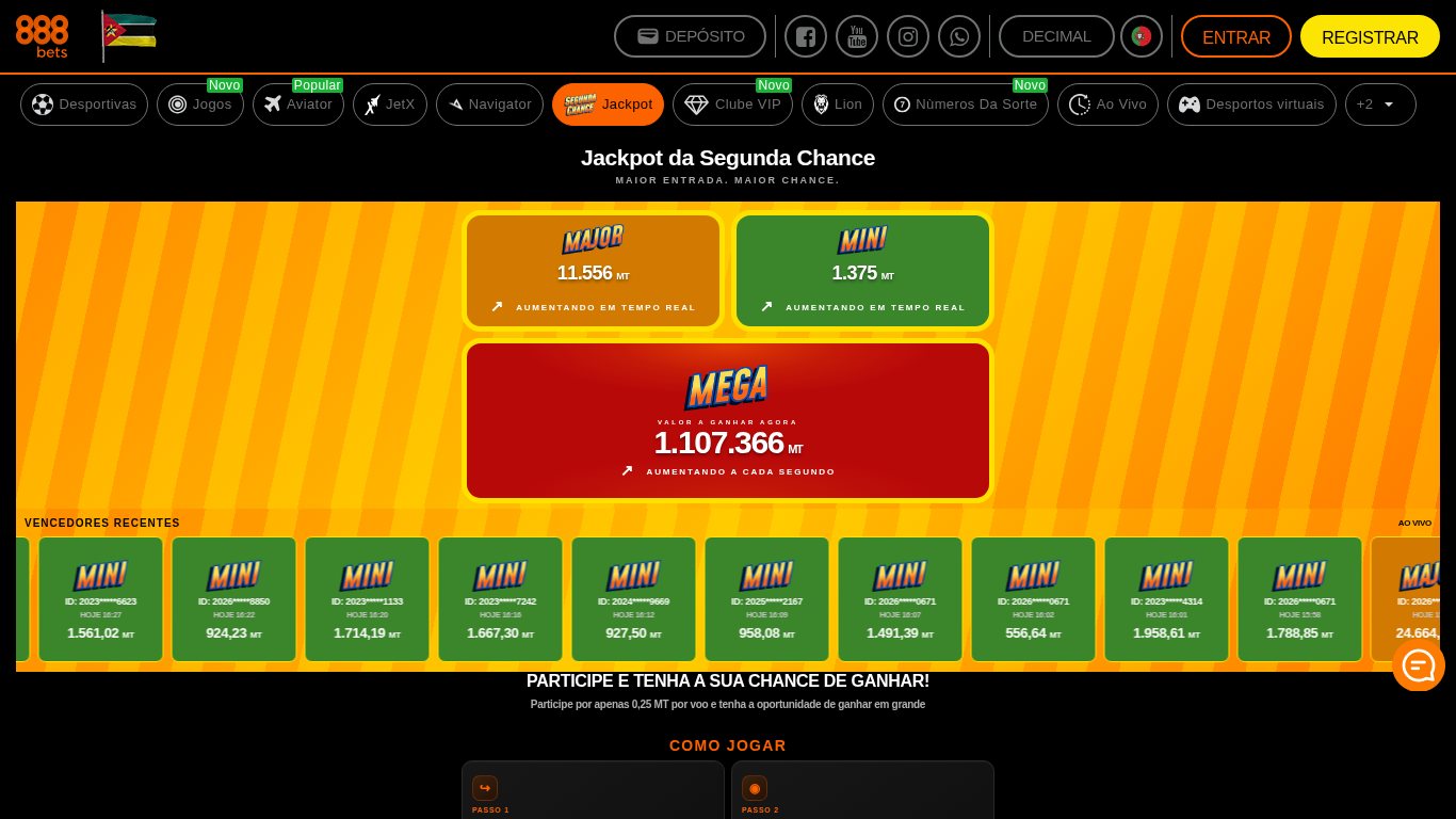 Jackpot da Segunda Chance da 888Bets no Aviator, com os jackpots Mini, Maior e Mega a crescer em tempo real