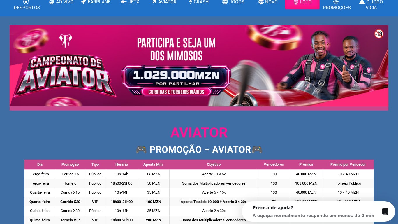 Campeonato de Aviator da Elephant Bet Moçambique, com a tabela de corridas e torneios diários e os prémios em meticais