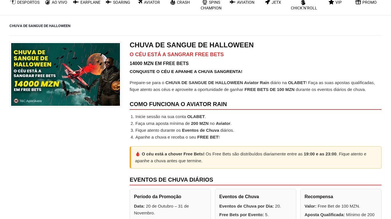 Chuva de Sangue de Halloween da OlaBet: free bets de 100 MZN no Aviator, até 14.000 MZN, entre as 19h e as 23h