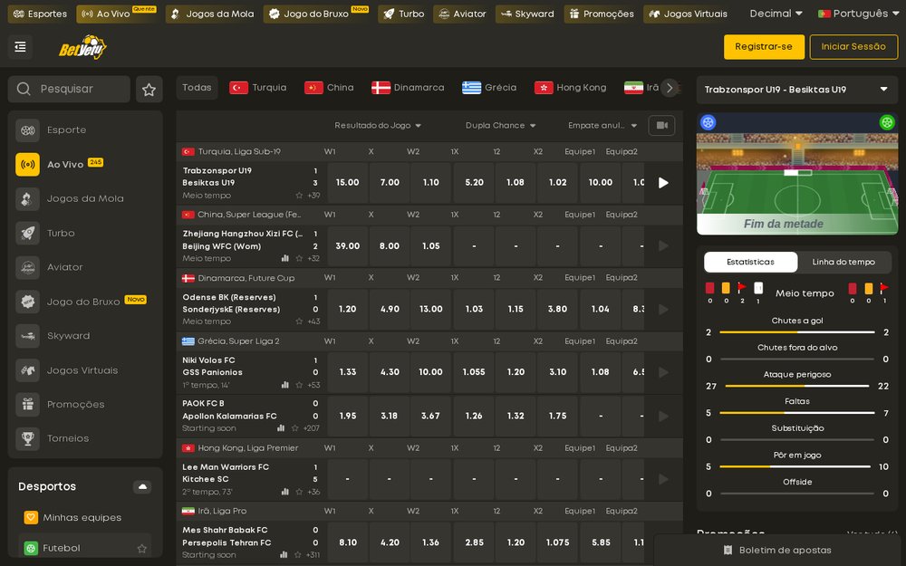 Secção Ao Vivo da Betyetu no computador com jogos em curso, odds e o painel de estatísticas em tempo real