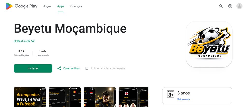 App Beyetu Moçambique no Google Play, do programador ddfasfasd2 52, com mais de mil downloads, que não é da Betyetu