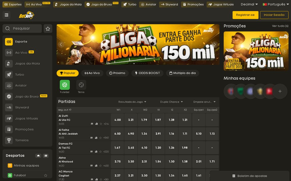 Página de desporto da Betyetu com o banner da Liga Milionária de 150 mil MT, os separadores Popular, Ao Vivo e Próximo e as odds