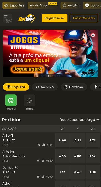 Site móvel da Betyetu no telemóvel, com os separadores Popular, Ao Vivo e Próximo e o menu inferior