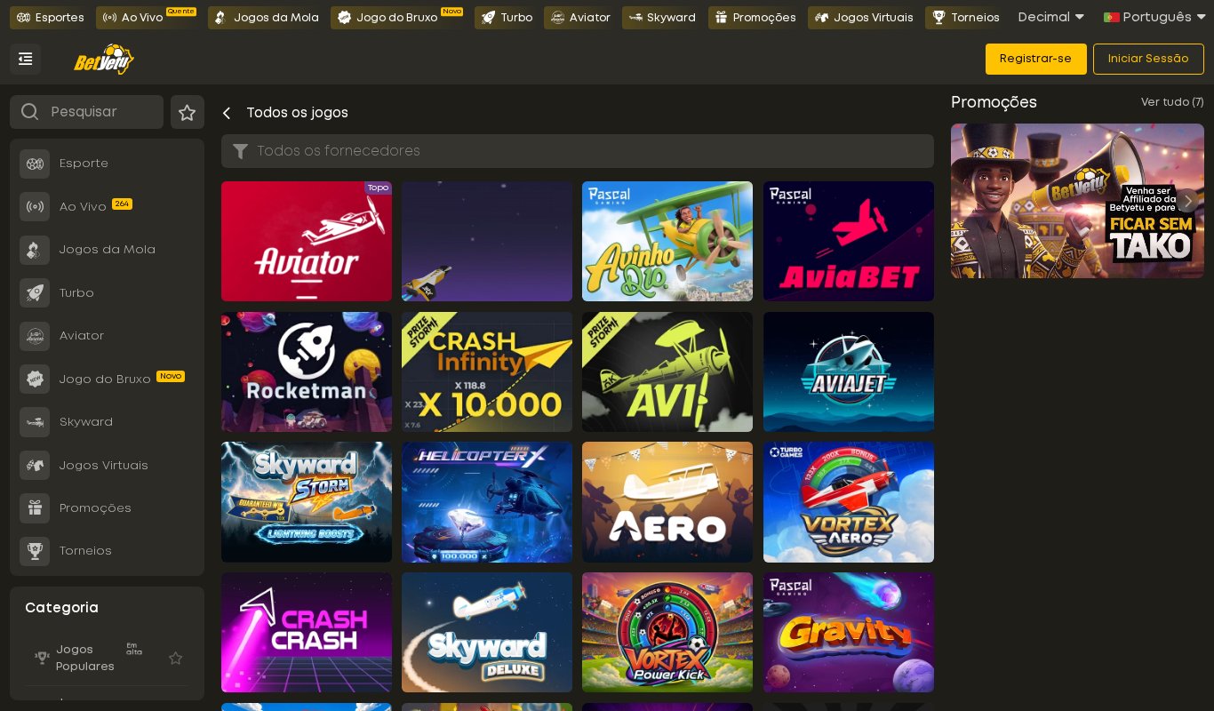Secção Jogos da Mola da Betyetu com o Aviator, Avinho, AviaBet, Rocketman, Crash Infinity, Avi, Aviajet, Skyward Storm, HelicopterX e Aero