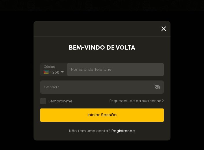 Janela Bem-vindo de volta da Betyetu, com o número de telefone +258 e a senha, que aparece ao abrir o Aviator sem sessão iniciada