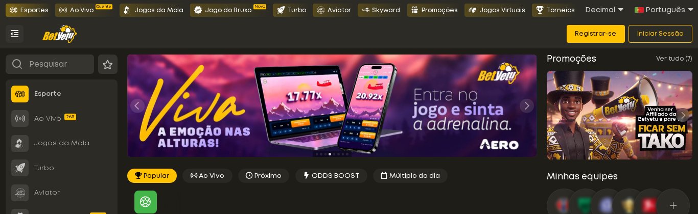 Página inicial da Betyetu Moçambique com o Aviator e o Skyward no menu do topo e na barra lateral, ao lado dos Jogos da Mola e do Turbo