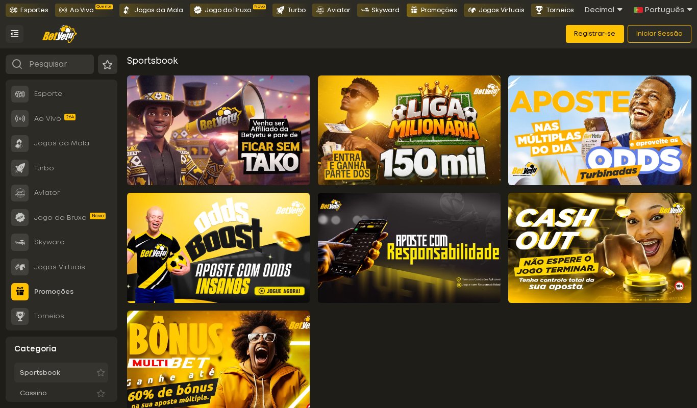 Página de promoções da Betyetu com Afiliados, Liga Milionária, Odds turbinadas, Odds Boost, Jogo Responsável, Cash Out e Multibet, todas de desporto
