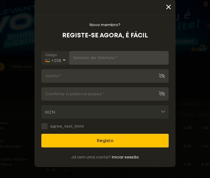Formulário de registo da Betyetu com número de telefone +258, senha, confirmação da palavra-passe e moeda MZN