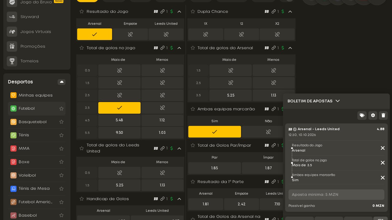 Bet Builder da Betyetu no Arsenal–Leeds com Arsenal, mais de 3.5 golos e ambas equipas marcarão Sim, e o boletim com a odd de 4.88