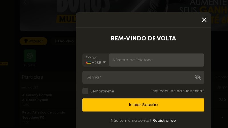 Janela Bem-vindo de volta da Betyetu Moçambique, com código +258, número de telefone, senha, Lembrar-me, Esqueceu-se da sua senha? e Iniciar Sessão