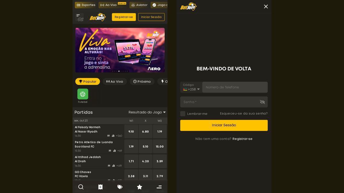 Login da Betyetu no telemóvel: a página inicial com Registrar-se e Iniciar Sessão, e o ecrã Bem-vindo de volta
