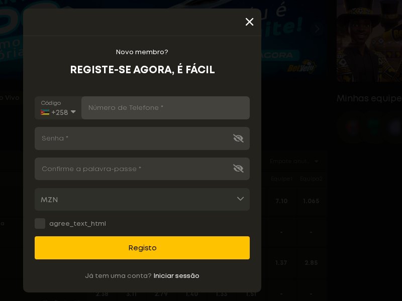 Formulário Registe-se agora da Betyetu, com telefone +258, senha, confirmação da senha e moeda MZN