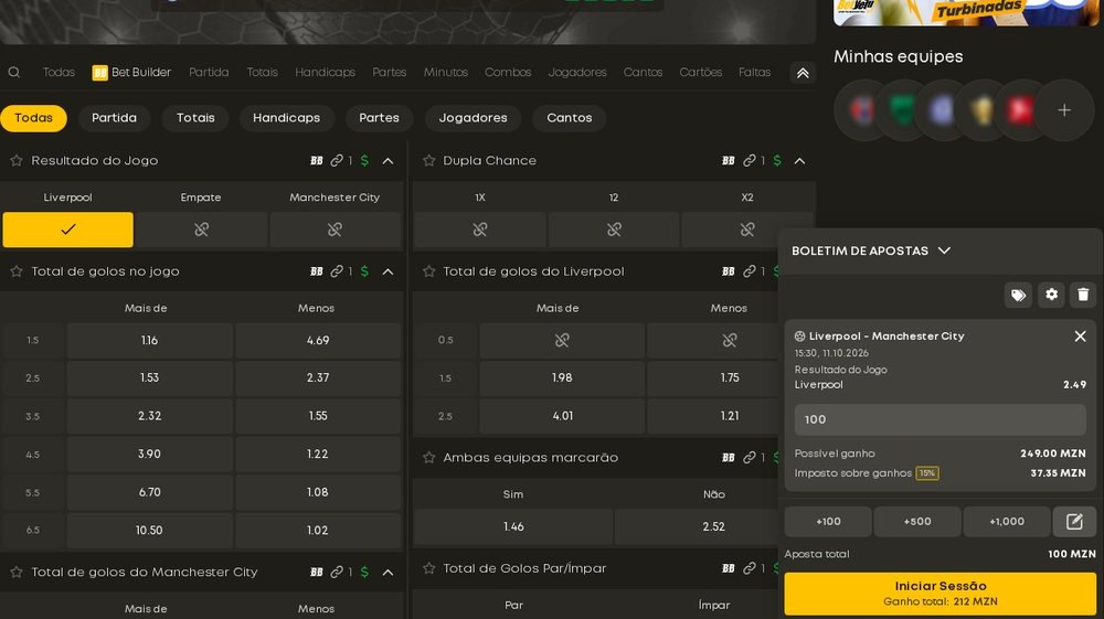 Mercado Total de golos no jogo na Betyetu, com as linhas de 1.5 a 5.5 e Ambas equipas marcarão