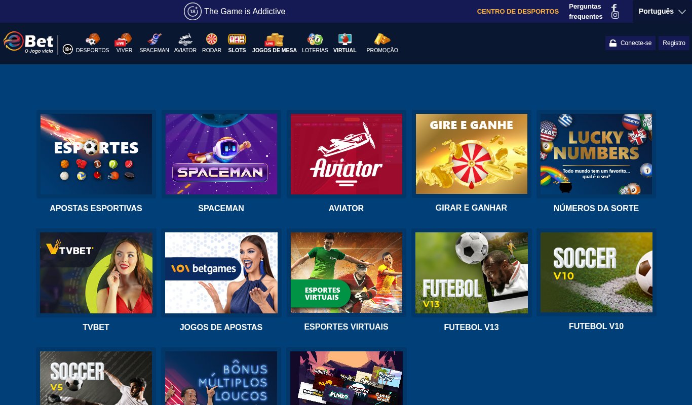 Página inicial da eBet Moçambique com os atalhos para Apostas Esportivas, Spaceman, Aviator, Girar e Ganhar, Números da Sorte, TVBet, BetGames, Esportes Virtuais e Futebol V13 e V10