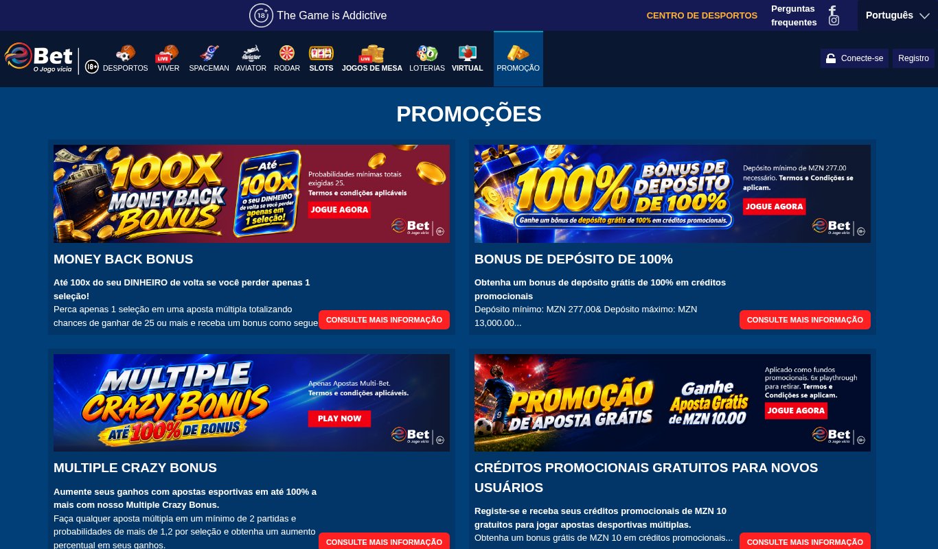 Página de promoções da eBet com o Money Back Bonus, o Bónus de Depósito de 100%, o Multiple Crazy Bonus e os créditos promocionais de 10 MZN, todos de desporto