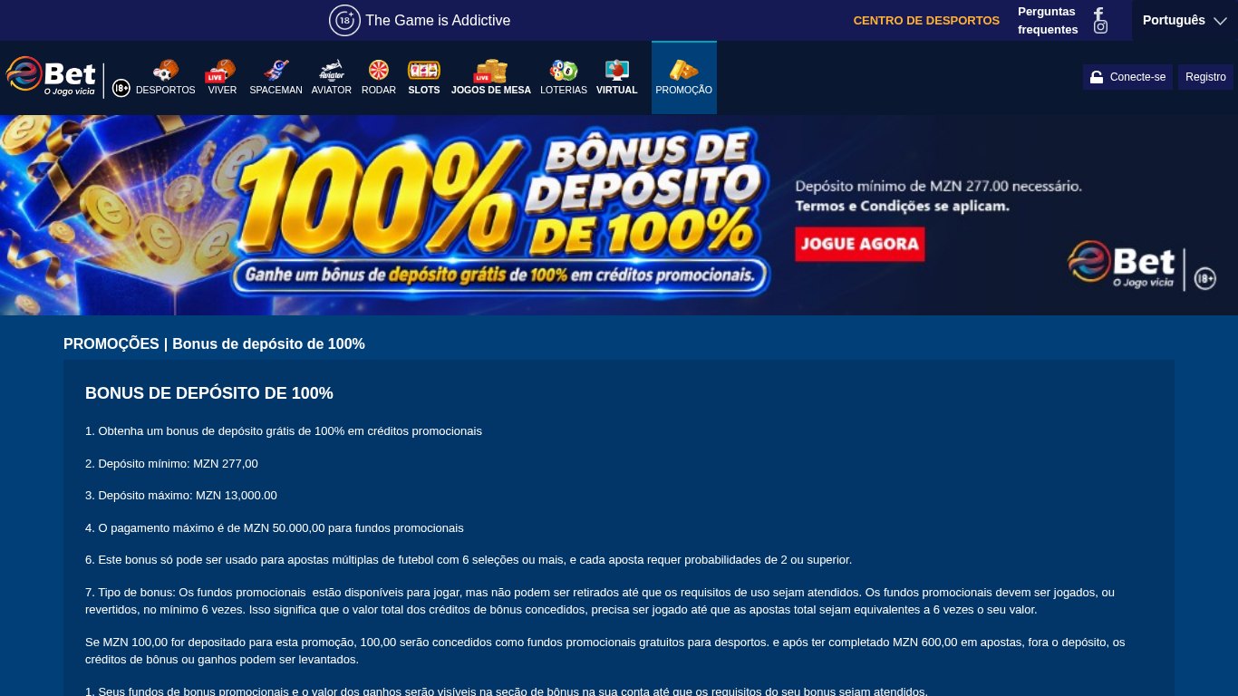 Regras do bónus de depósito de 100% da eBet: depósito de 277 MT a 13.000 MT, pagamento máximo de 50.000 MT e múltiplas de 6 selecções
