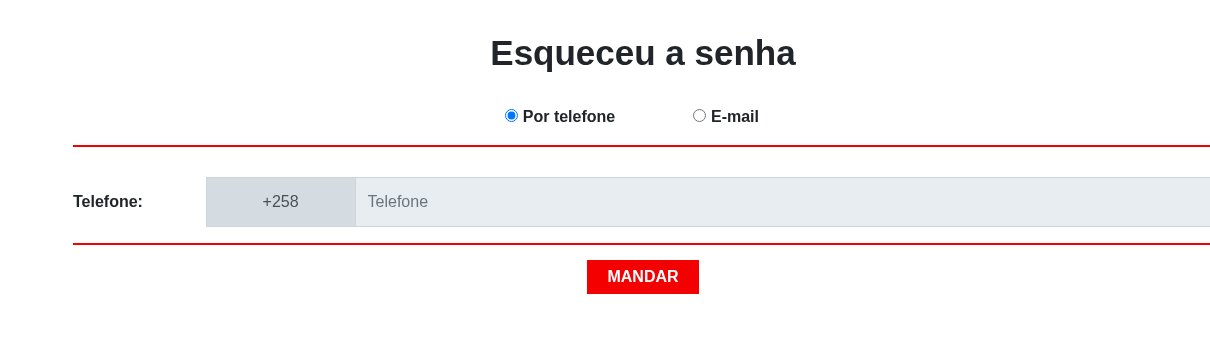 Página Esqueceu a senha da eBet, com recuperação por telefone ou por email e o botão Mandar
