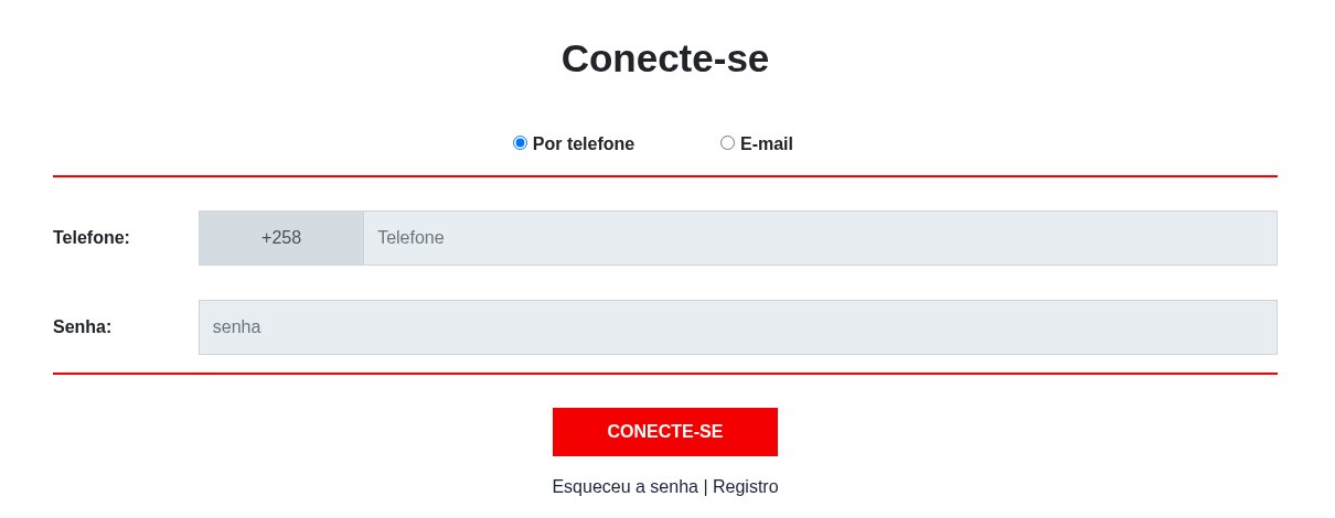 Página Conecte-se da eBet Moçambique, com as opções Por telefone e E-mail, o telefone +258, a senha e os links Esqueceu a senha e Registro