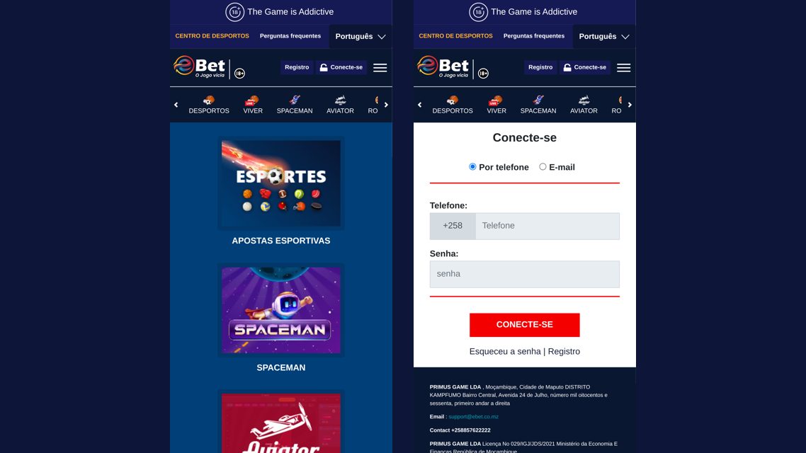 Login da eBet no telemóvel: a página inicial e o ecrã Conecte-se com telefone e senha