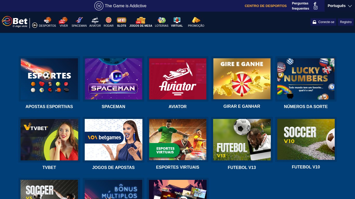 Página inicial da eBet Moçambique com Apostas Esportivas, Spaceman, Aviator, Girar e Ganhar, Números da Sorte, TVBet, BetGames e desporto virtual