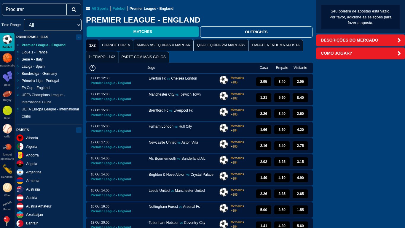 Jogos da Premier League na eBet Moçambique com as odds 1X2 e o número de mercados por jogo