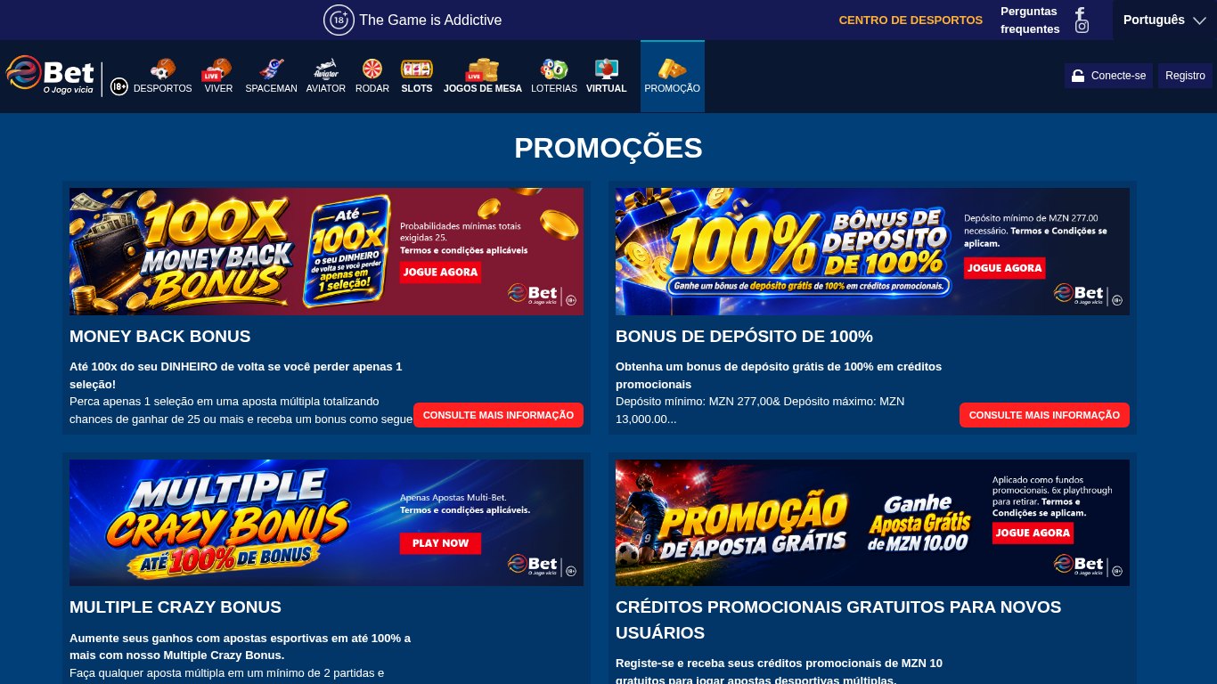 Página de promoções da eBet Moçambique com Money Back Bonus, bónus de depósito de 100%, Multiple Crazy Bonus e 10 MT grátis