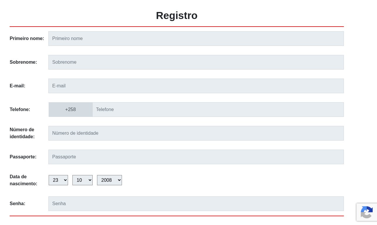 Formulário de registo da eBet com nome, sobrenome, email, telefone, número de identidade, passaporte, data de nascimento e senha