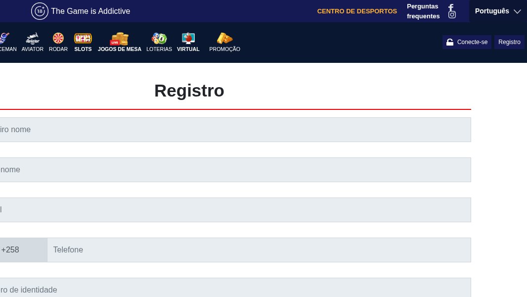 Formulário de registo da eBet Moçambique com nome, apelido, email, telefone +258, número de identidade ou passaporte e data de nascimento
