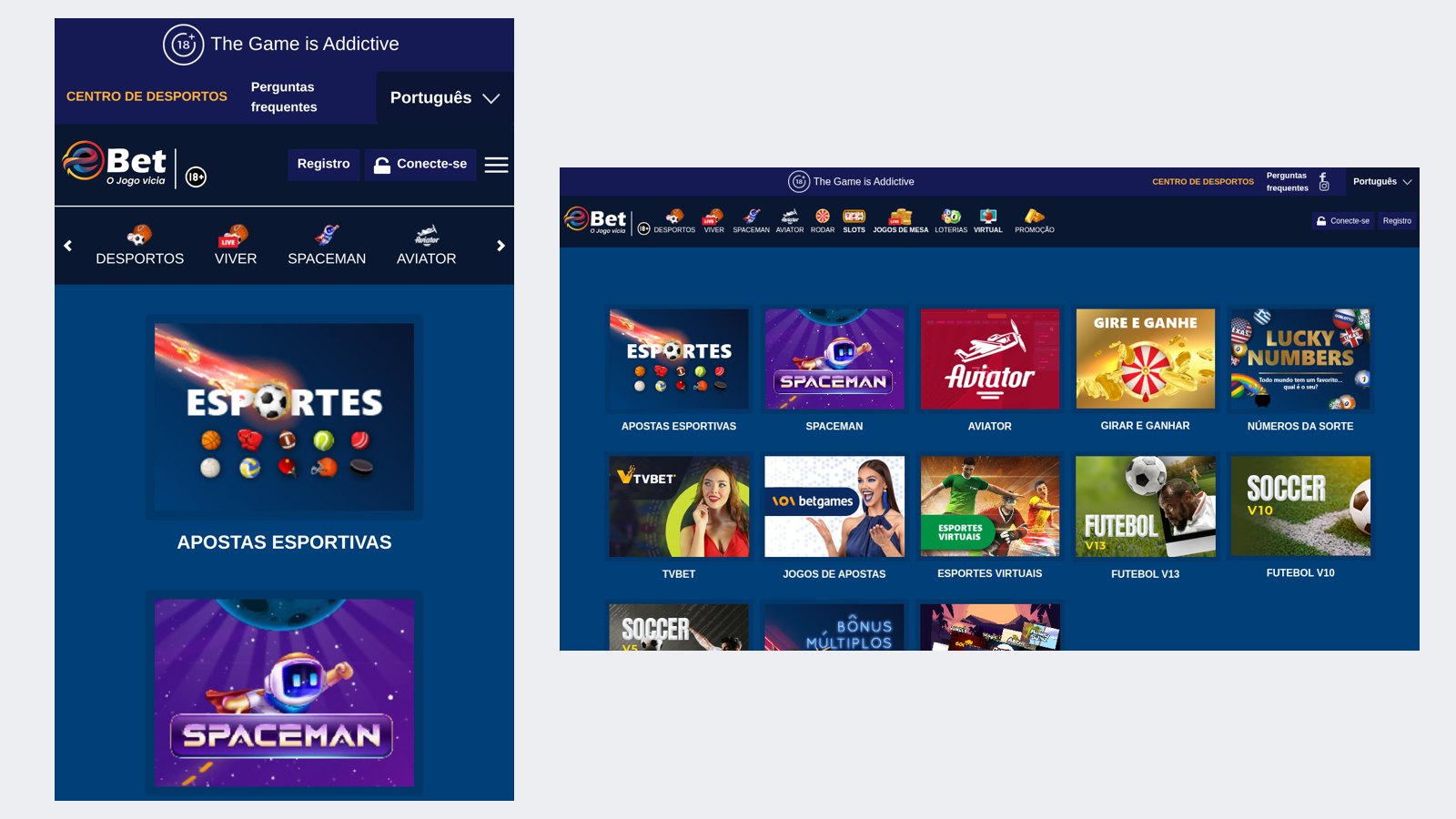 Site da eBet Moçambique no telemóvel e no computador, com o mesmo menu de desportos, directo, Spaceman e Aviator