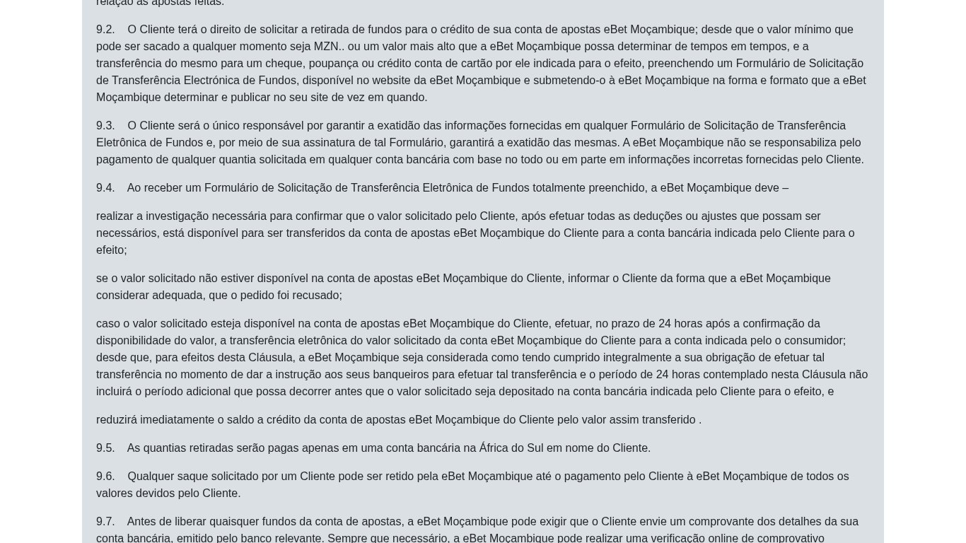 Termos e condições da eBet, secção de levantamentos, com a cláusula que refere pagamentos numa conta bancária na África do Sul