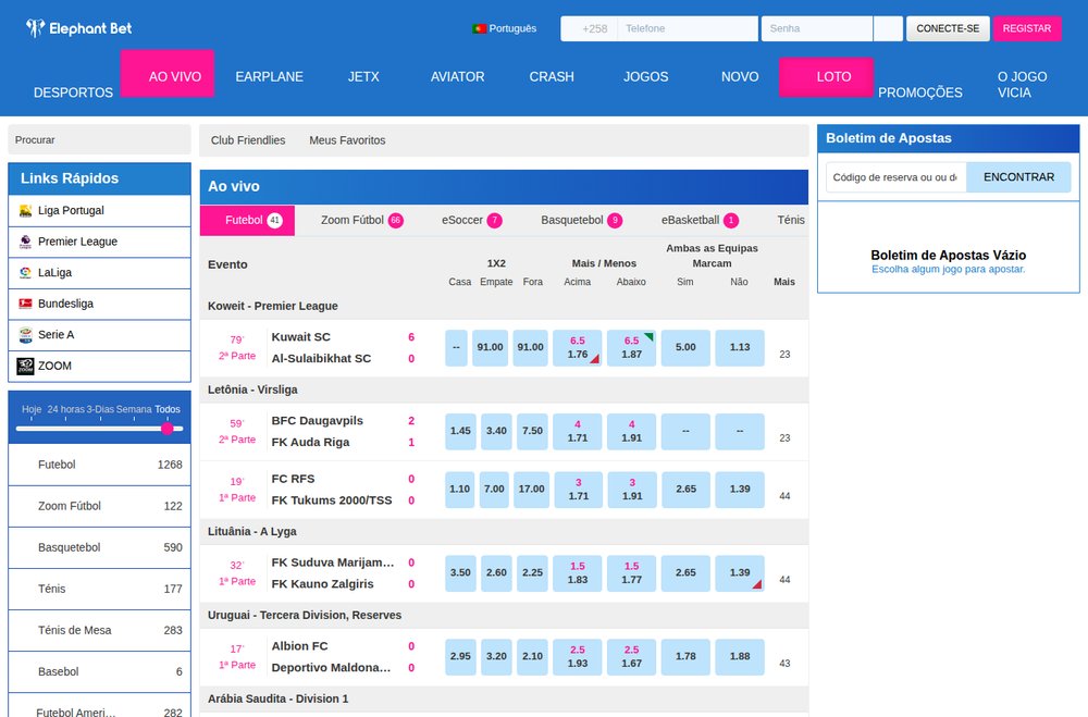 Secção Ao Vivo da Elephant Bet com jogos de futebol em curso, o minuto, o resultado e as odds 1X2, mais e menos e ambas marcam