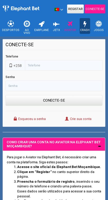 Página do Aviator da Elephant Bet no telemóvel, com o formulário de login e as instruções para criar conta