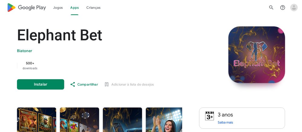 App Elephant Bet no Google Play, da Biatoner, um jogo arcade com mais de 500 downloads que não é da Elephant Bet