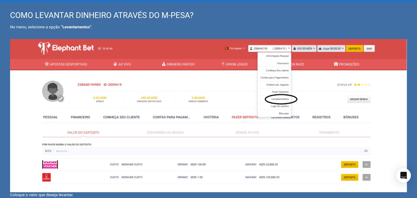Página de ajuda da Elephant Bet sobre levantamento por M-Pesa, com o menu da conta e os limites de depósito por voucher e M-Pesa