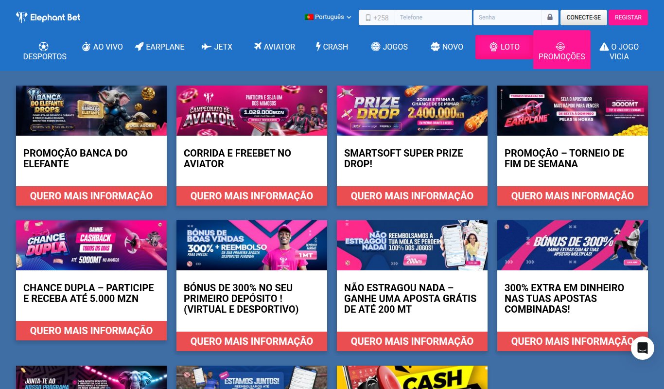 Página de promoções da Elephant Bet com a Corrida e Freebet no Aviator, a Chance Dupla, o Super Prize Drop, a Banca do Elefante e o bónus de 300%