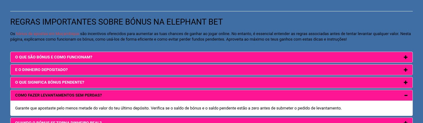 Regras de bónus e levantamentos da Elephant Bet: apostar pelo menos metade do último depósito e ter o saldo de bónus e o pendente a zero